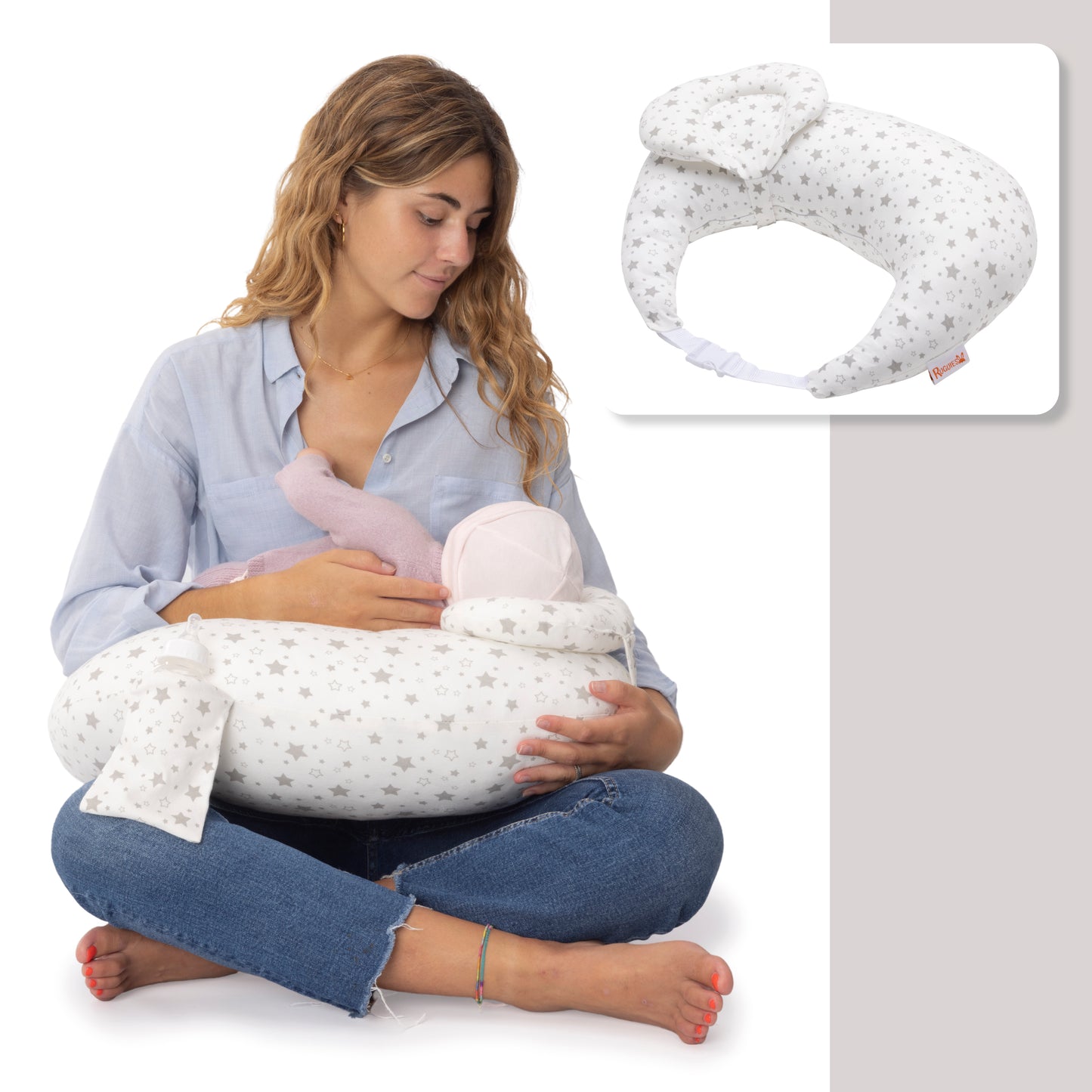 RUGUIES- Adjustable and Ergonomic Breastfeeding Cushion- Small Breastfeeding Cushion- Pregnancy Pillow-Removable and Washable Cover 100% Cotton- Baby Pillow at 45º Anti-reflux for Maximum Comfort.
