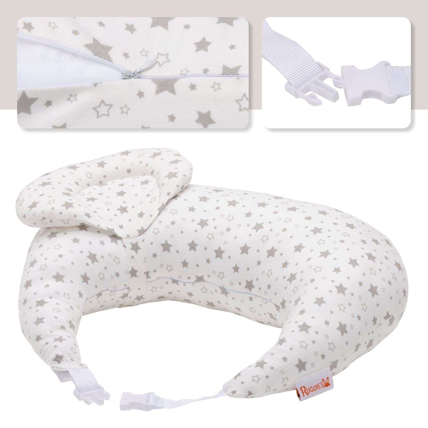 RUGUIES- Adjustable and Ergonomic Breastfeeding Cushion- Small Breastfeeding Cushion- Pregnancy Pillow-Removable and Washable Cover 100% Cotton- Baby Pillow at 45º Anti-reflux for Maximum Comfort.